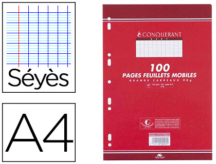 FEUILLET MOBILE CONQUÉRANT SEPT A4 210X297MM 100 PAGES 90G SÉYÈS PERFORÉ COLORIS BLANC