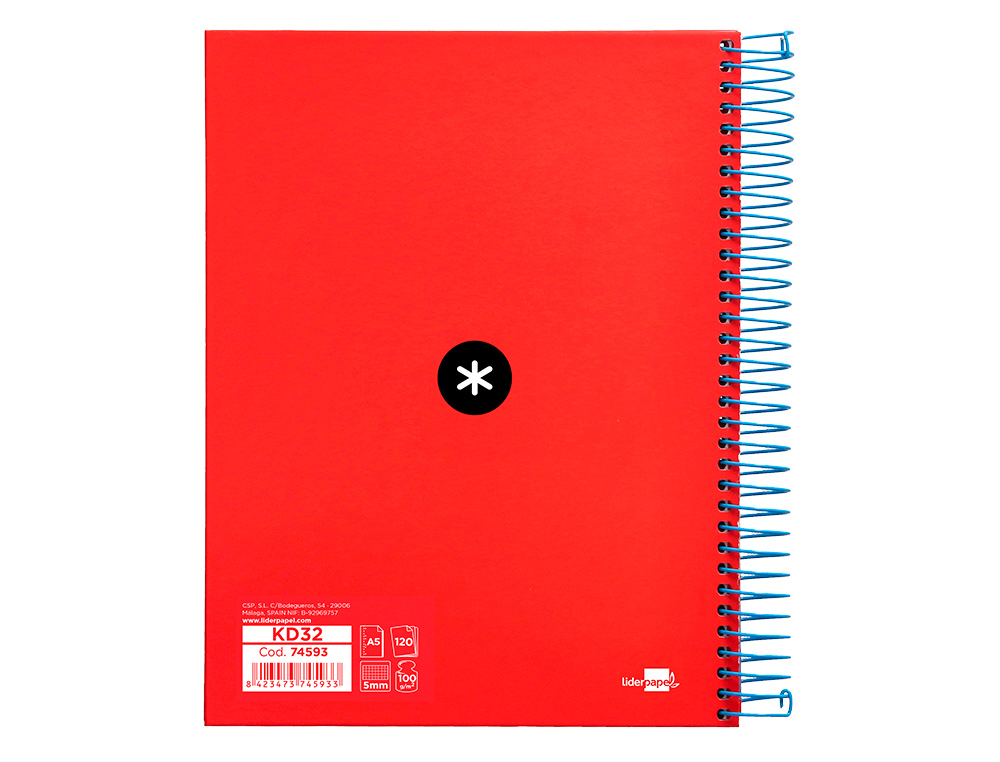 CAHIER SPIRALE LIDERPAPEL ANTARTIK A5 240P 90G COUVERTURE REMBORDE QUADRILLAGE 5MM 6 TROUS COIL-LOCK COLORIS ROUGE