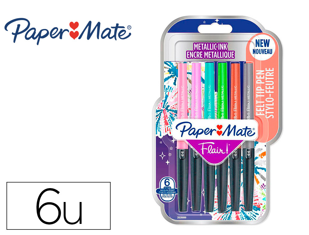 BLISTER 6 STYLOS-FEUTRES PAPER MATE FLAIR METALLIC     COLORIS ASSORTIS