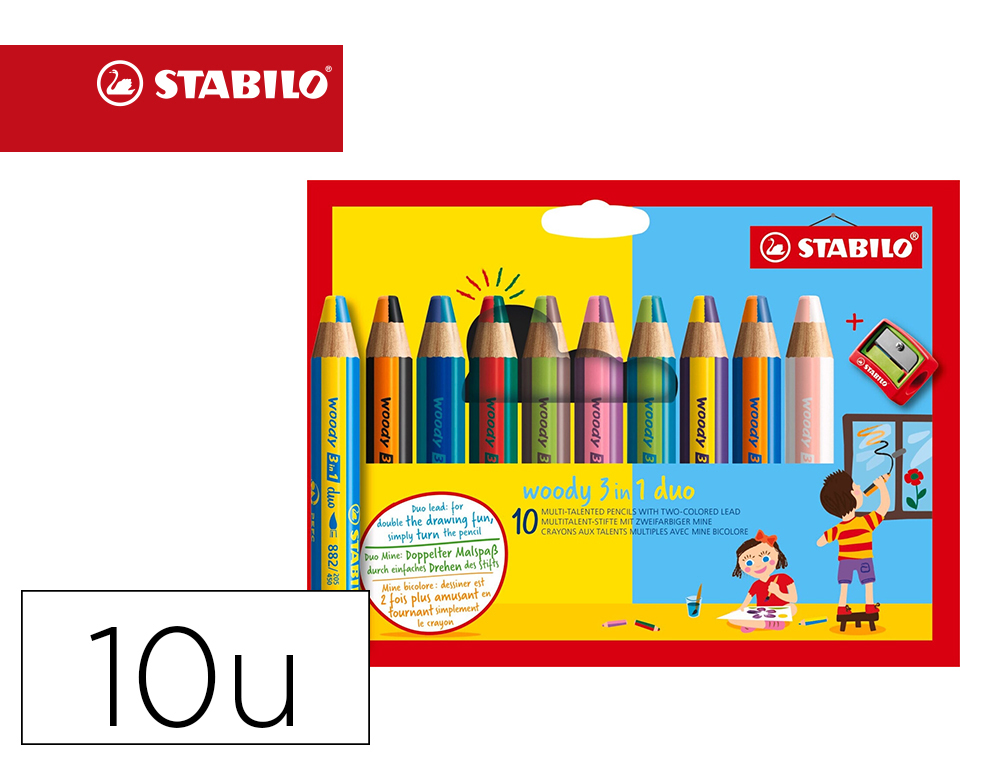 CRAYON STABILO WOODY 3 EN 1 DUO MULTI-TALENTS MINE BICOLORE POINTE 10MM TAILLE-CRAYON INCLUS ETUI 10 UNITES ASSORTIES
