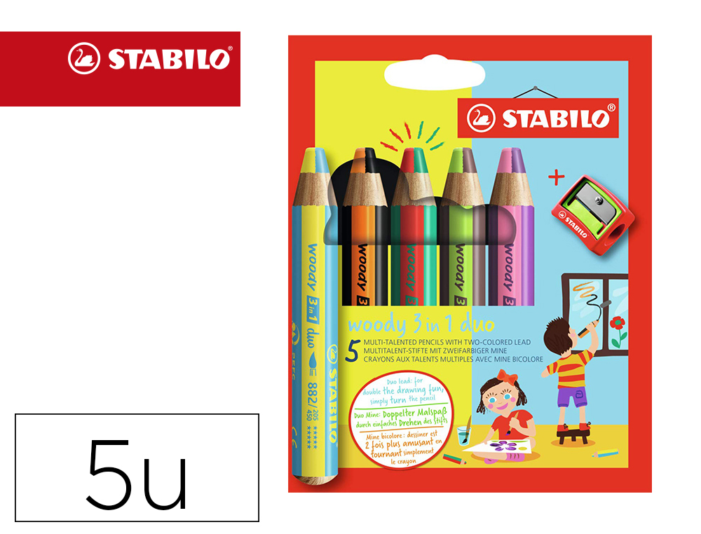 CRAYON STABILO WOODY 3 EN 1 DUO MULTI-TALENTS MINE BICOLORE POINTE 10MM TAILLE-CRAYON INCLUS ETUI 5 UNITES ASSORTIES