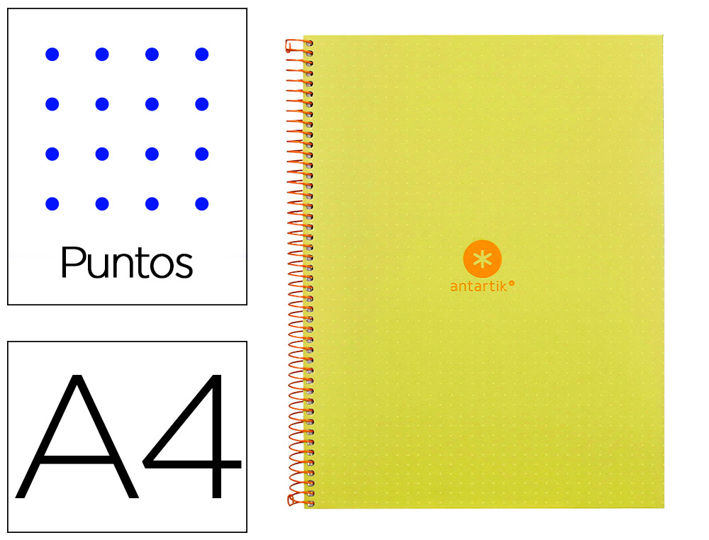 CAHIER SPIRALE ANTARTIK A4 80P 90G COUVERTURE CARTONEE   REGLURE DOT 4 TROUS COLORIS   JAUNE