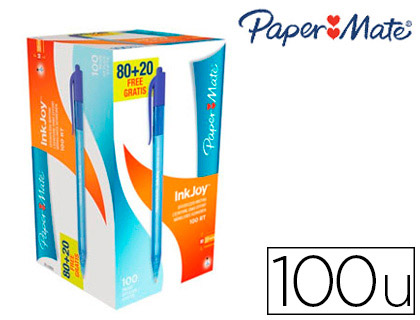 STYLO-BILLE PAPER MATE INKJOY 100 CRITURE MOYENNE 0.7MM ENCRE ULTRA DOUCE RSISTE BAVURES RTRACTABLE BLEU PACK 100U