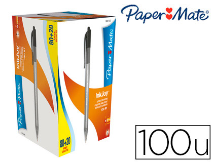 STYLO-BILLE PAPER MATE INKJOY 100 CRITURE MOYENNE 0.7MM ENCRE ULTRA DOUCE RSISTE BAVURES RTRACTABLE NOIR PACK 100U