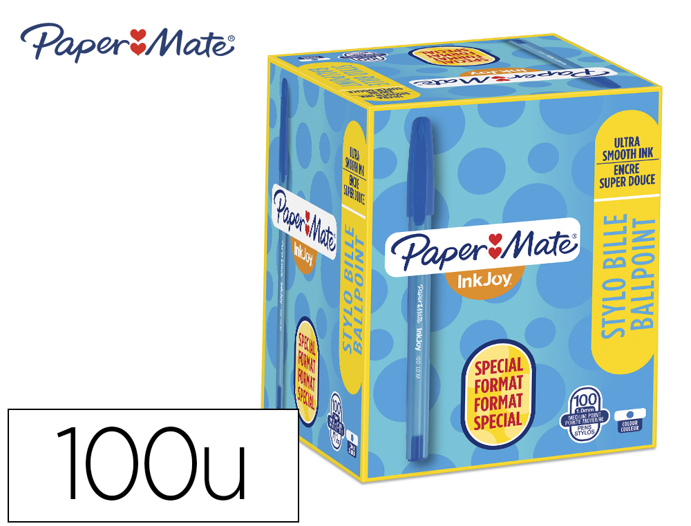 STYLO-BILLE PAPER MATE INKJOY 100 CRITURE MOYENNE 0.7MM ULTRA DOUCE CORPS TRIANGULAIRE RSISTE BAVURES BLEU PACK 100