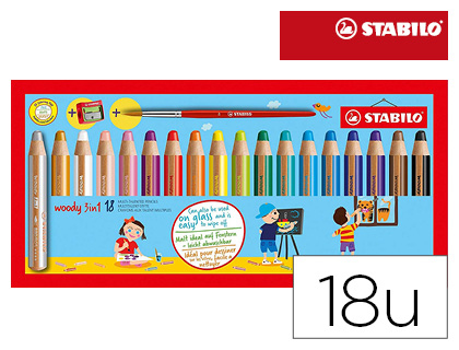 CRAYON COULEUR STABILO WOODY 3IN1 MULTI-TALENTS + 1 TAILLE-CRAYON + 1 PINCEAU TUI CARTON 18 UNITS