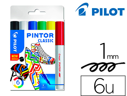 MARQUEUR PILOT PINTOR PEINTURE BASE D'EAU ULTRA-COUVRANTE MULTI SURFACE POINTE FINE RSISTANE SET 6 COLORIS CLASSIQUES