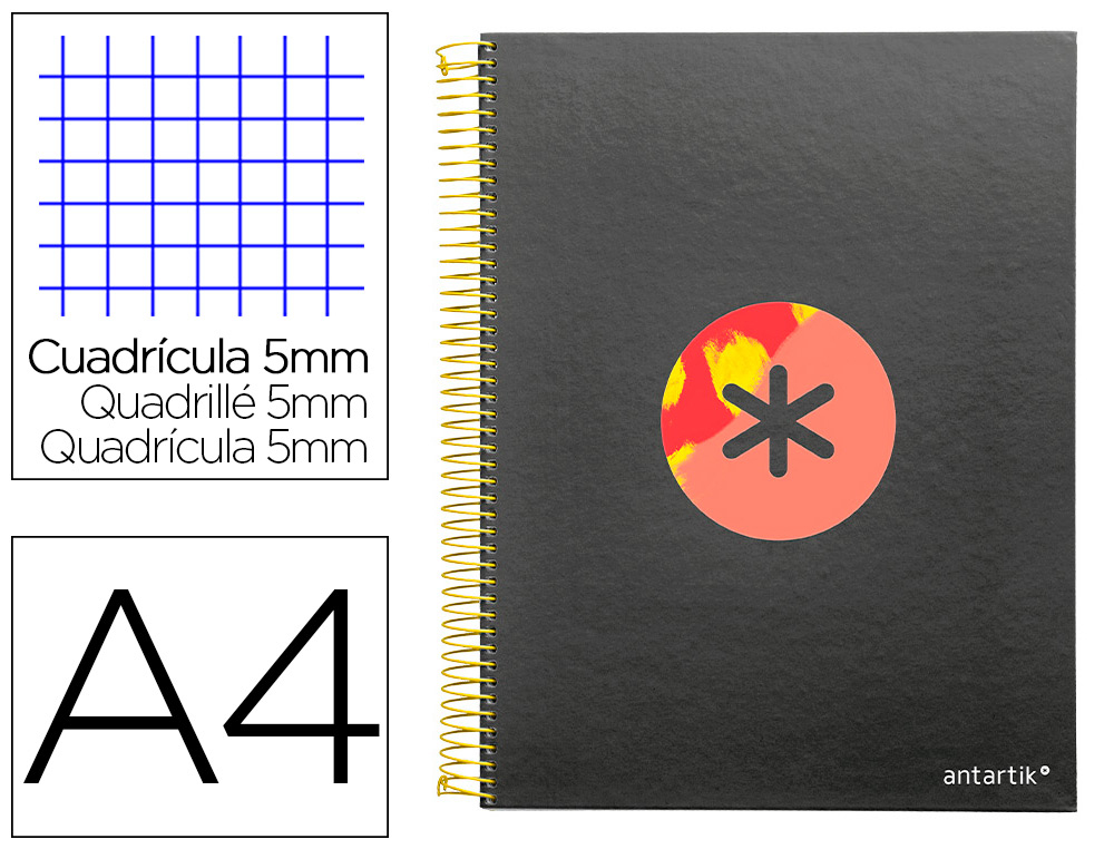 CAHIER SPIRALE ANTARTIK A4 120F 100G REMBORDE 5X5MM      MICRO-PERF 5 BANDES 4 TROUS   TRENDING 2020 NOIR