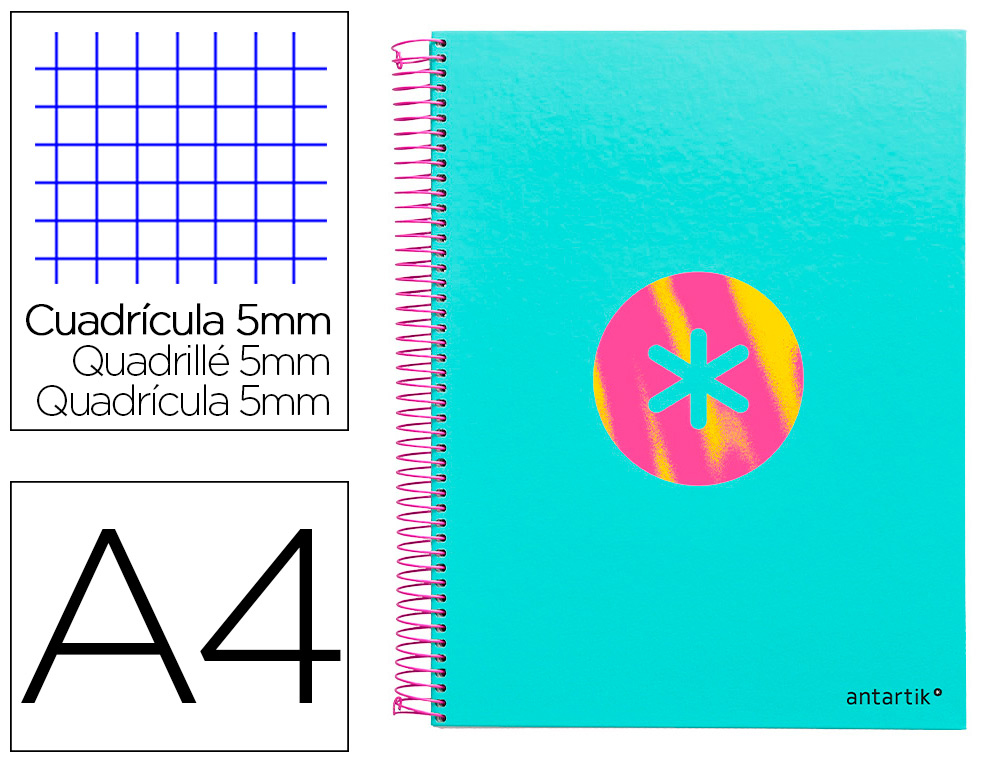 CAHIER SPIRALE ANTARTIK A4 120F 100G REMBORDE 5X5MM      MICRO-PERF 5 BANDES 4 TROUS   TRENDING 2020 TURQUOISE