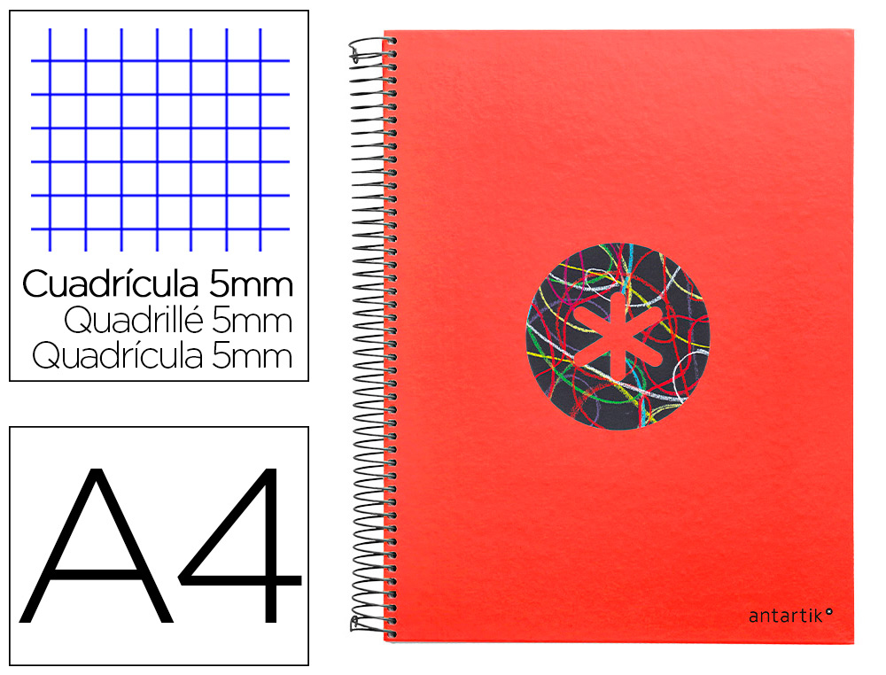 CAHIER SPIRALE ANTARTIK A4 120F 100G REMBORDE 5X5MM      MICRO-PERF 5 BANDES 4 TROUS   TRENDING 2020 ROUGE