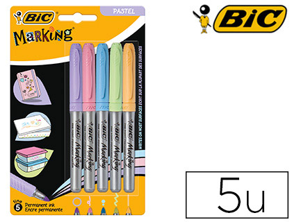 MARQUEUR BIC PERMANENT MARKING POINTE OGIVE TRACE 1.8MM ENCRE BASE ALCOOL COLORIS PASTEL ASSORTIS BLISTER 5 UNITS