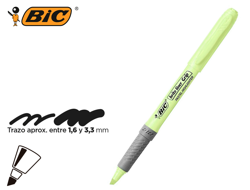 SURLIGNEUR BIC HIGHLIGHTER GRIP CAOUTCHOUC POINTE        MOYENNE BISEAUTEE COLORIS     VERT PASTEL