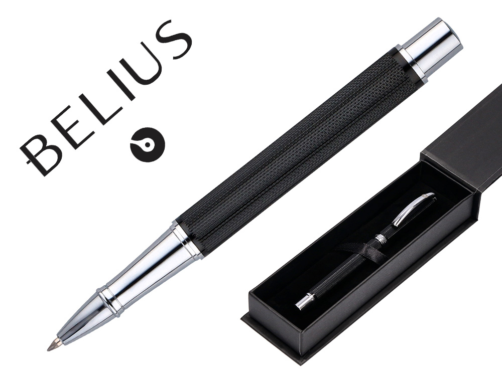 ROLLER BELIUS TURBO ALUMINIUM TEXTURE POINTILLEE ATTRIBUTS  ARGENT ENCRE NOIRE COLORIS    NOIR DANS COFFRET CADEAU