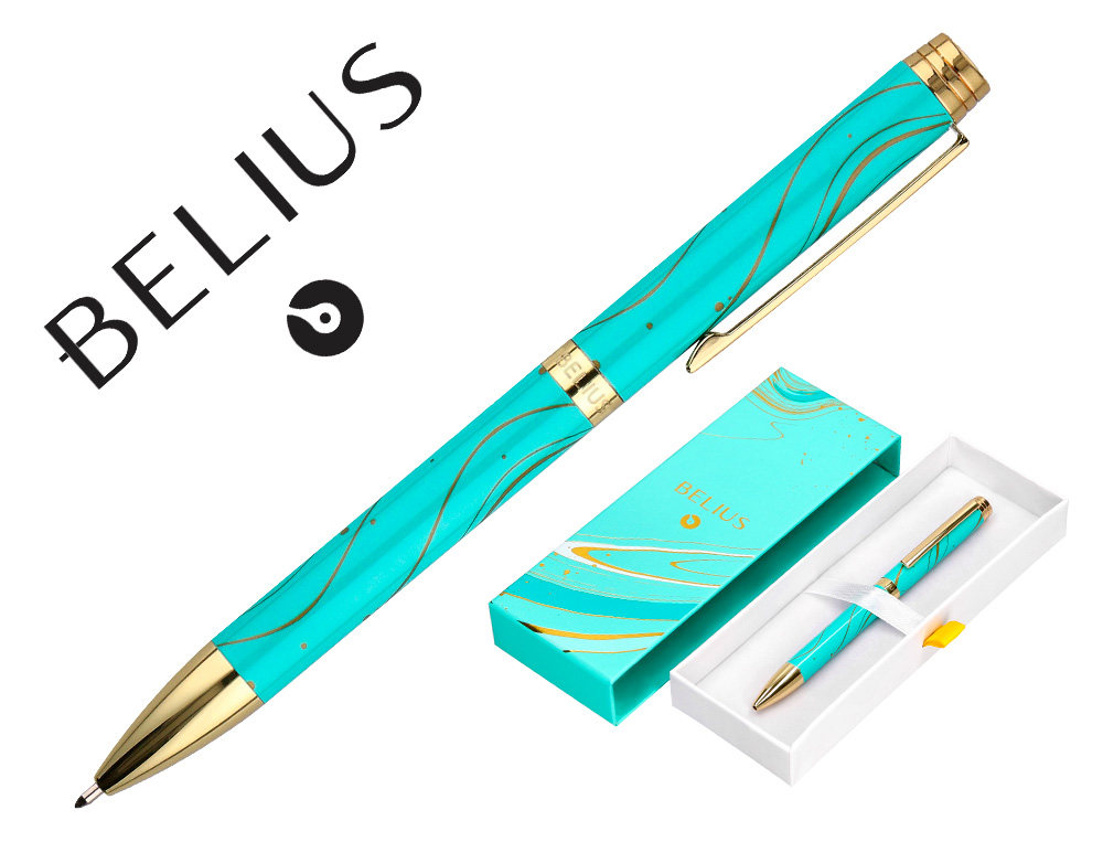 STYLO-BILLE BELIUS AQUA ALUMINIUM DETAILS ET ATTRIBUTS OR ENCRE BLEUE COLORIS TURQUOISE DANS COFFRET CADEAU