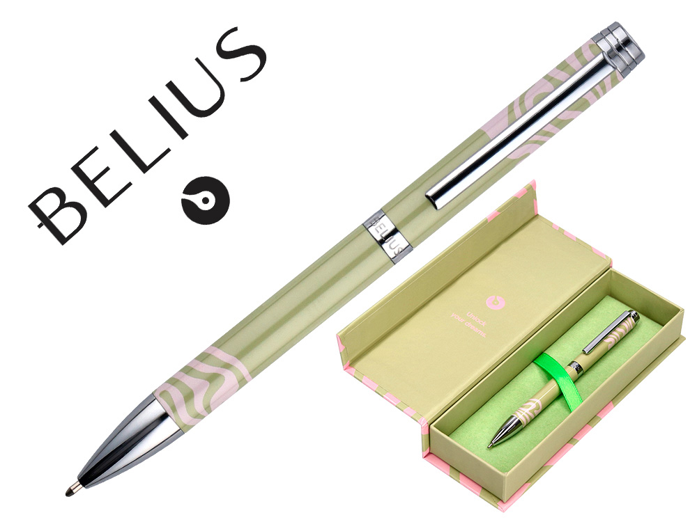 STYLO-BILLE BELIUS INK DREAMS ALUMINIUM ATTRIBUTS ARGENT ENCRE BLEUE COLORIS VERT MATCHA ONDULATIONS ROSE COFFRET CADEAU