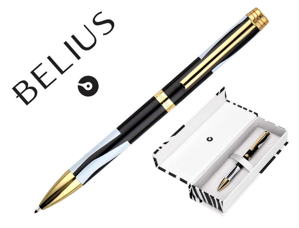 STYLO-BILLE BELIUS B&W ALUMINIUM ATTRIBUTS OR ENCRE  BLEUE COLORIS BLANC ZEBRURES  NOIRES DANS COFFRET CADEAU