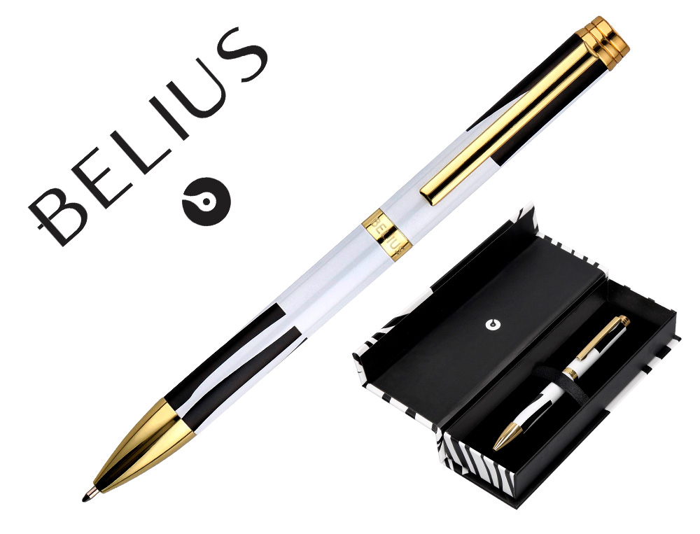 STYLO-BILLE BELIUS B&W ALUMINIUM ATTRIBUTS OR ENCRE  BLEUE COLORIS NOIR ZEBRURES   BLANCHES DANS COFFRET CADEAU