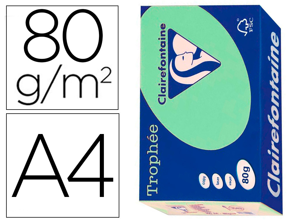 PAPIER CLAIREFONTAINE MULTIFONCTION LASER COULEUR   TROPHE A4 80G/M2  VERT NATURE PARFAITE OPACITE PAQUET 500
