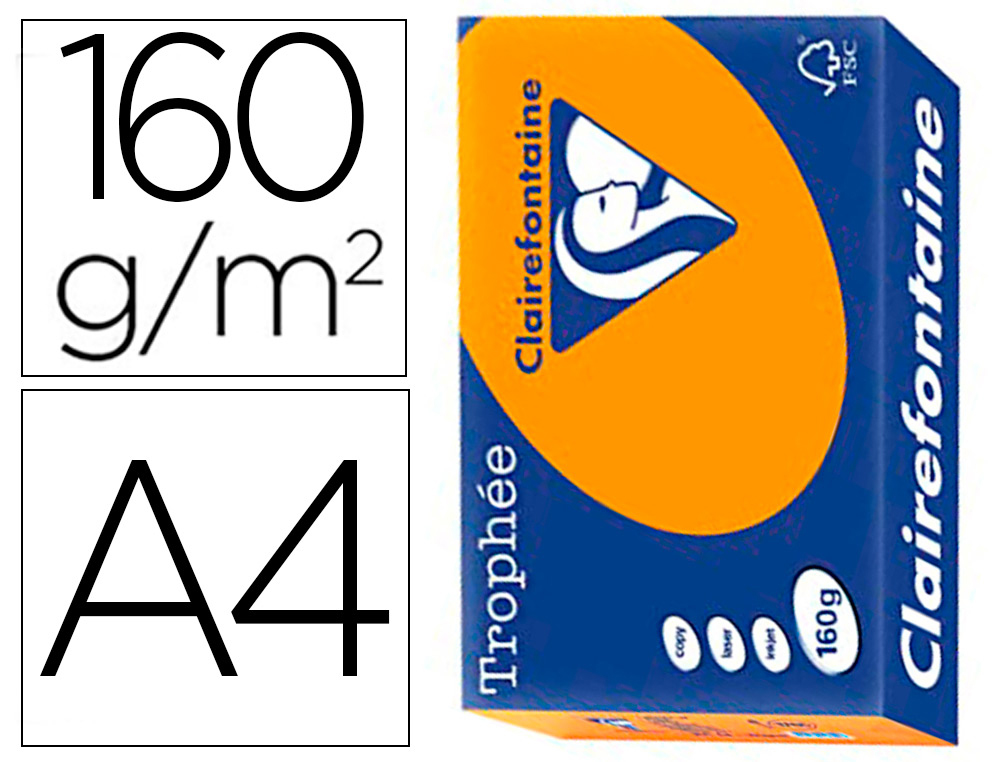 PAPIER CLAIREFONTAINE MULTIFONCTION LASER COULEUR   TROPHE A4 160G/M2 CLEMENTINE  PARFAITE OPACITE PAQUET 250