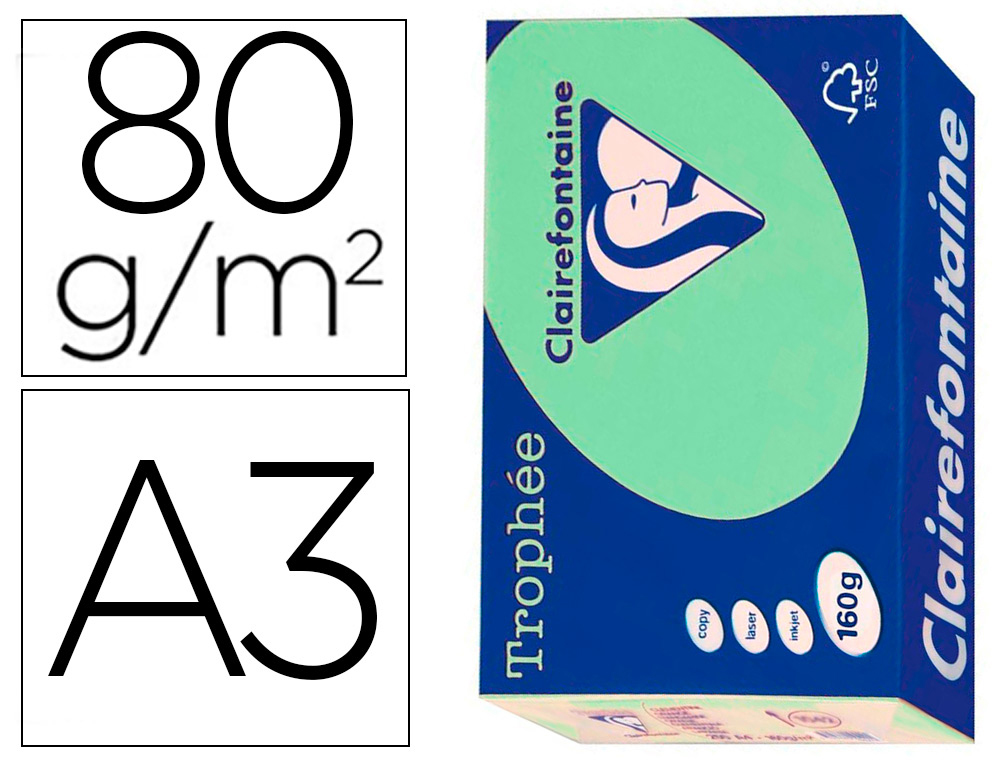PAPIER CLAIREFONTAINE MULTIFONCTION LASER COULEUR   TROPHE A3 80G/M2 VERT NATURE  PARFAITE OPACITE PAQUET 500
