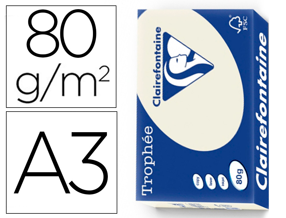 PAPIER CLAIREFONTAINE MULTIFONCTION LASER COULEUR   TROPHE A3 80G/M2 GRIS PERLE   PARFAITE OPACITE PAQUET 500