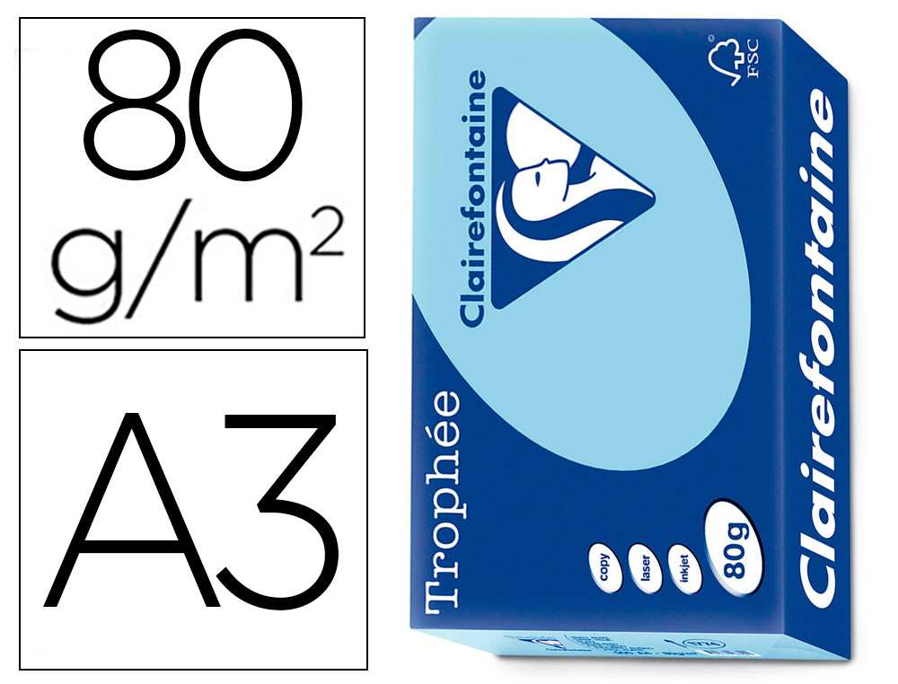 PAPIER CLAIREFONTAINE MULTIFONCTION LASER COULEUR   TROPHE A3 80G/M2  BLEU VIF    PARFAITE OPACITE PAQUET 500
