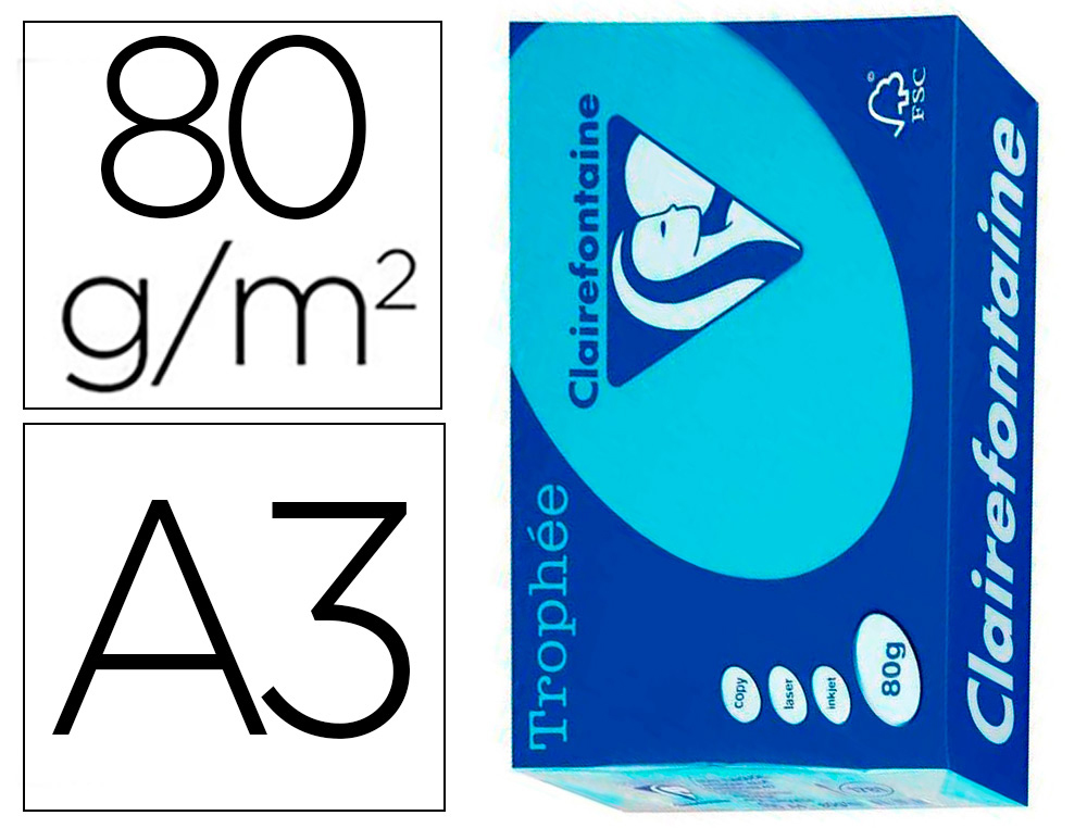 PAPIER CLAIREFONTAINE MULTIFONCTION LASER COULEUR   TROPHE A3 80G/M2 TURQUOISE    PARFAITE OPACITE PAQUET 500