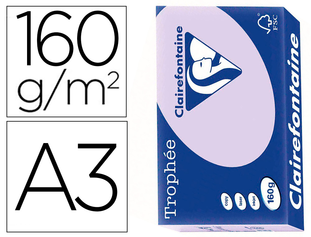 PAPIER CLAIREFONTAINE MULTIFONCTION COULEUR LASER   TROPHE A3 160G/M2 LILAS       PARFAITE OPACITE PAQUET 250