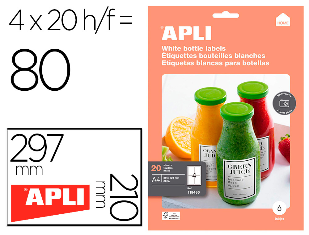 ETIQUETTES APLI BLANC MAT 80X120 MM POUR BOUTEILLES JET D'ENCRE. PACK DE 80
