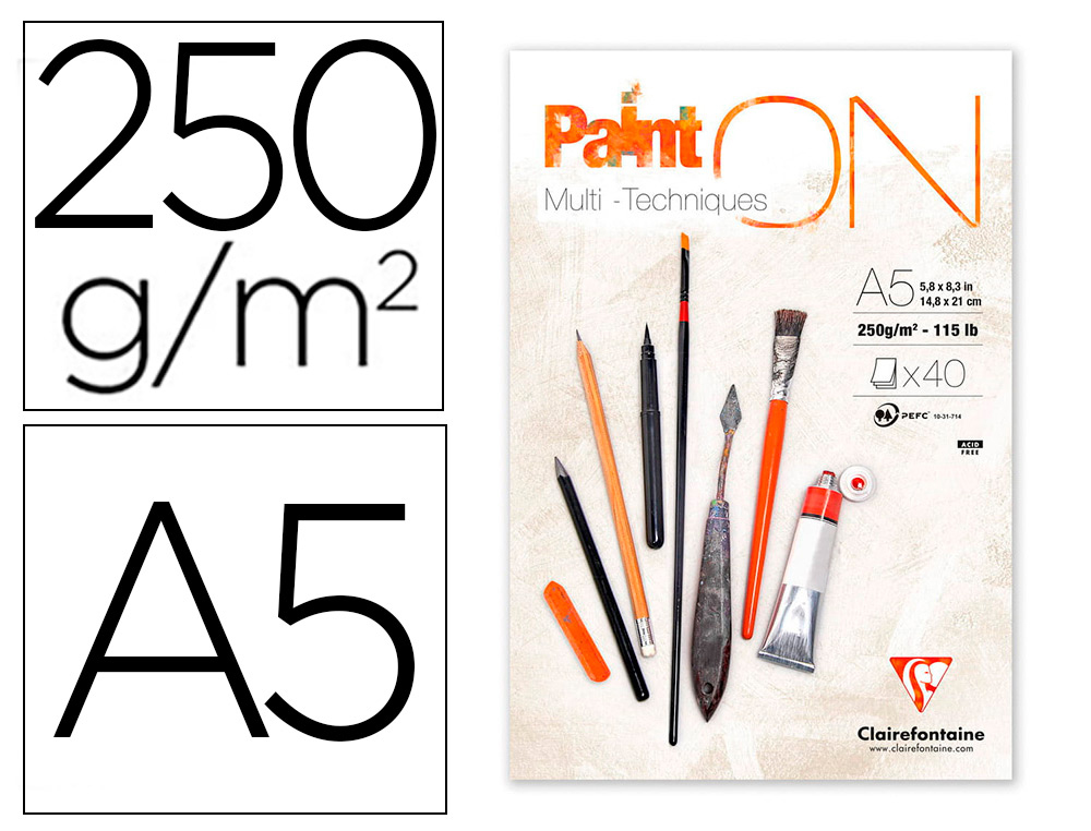 BLOC DE DESSIN ENCOLLE CLAIREFONTAINE PAINT'ON.      PAPIER MULTI TECHNIQUE 250G   EXTRA BLANC. FORMAT A5 14,8 X