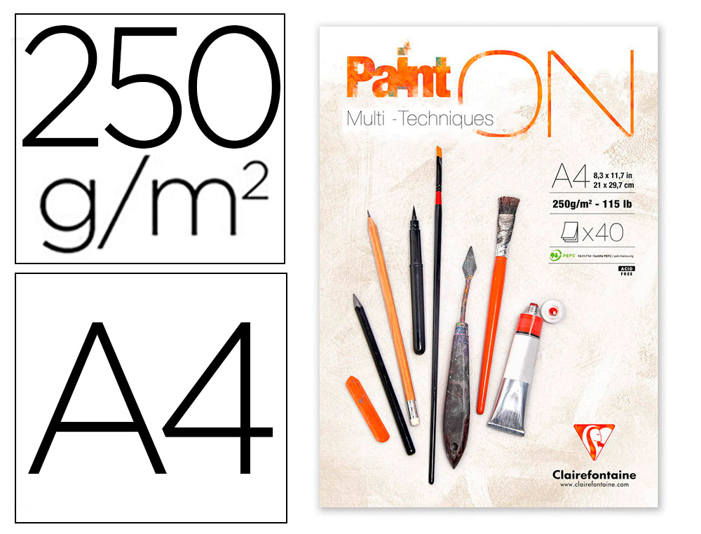 BLOC DE DESSIN ENCOLLE CLAIREFONTAINE PAINT'ON.      PAPIER MULTI TECHNIQUE 250G   EXTRA BLANC.  FORMAT A4 21 X