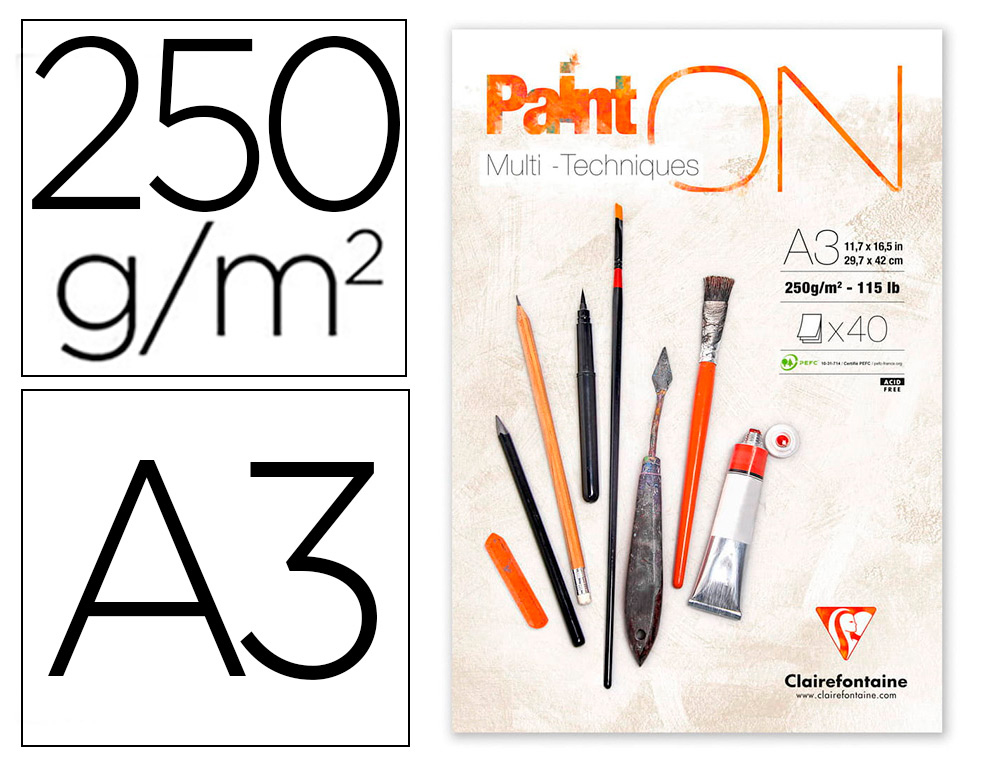 BLOC DE DESSIN ENCOLLE CLAIREFONTAINE PAINT'ON.      PAPIER MULTI TECHNIQUE 250G   EXTRA BLANC. FORMAT A 3 29,7