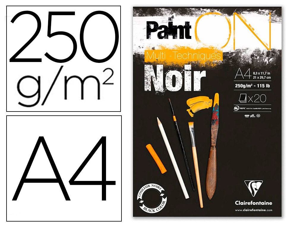 BLOC DE DESSIN ENCOLLE CLAIREFONTAINE PAINT'ON.      PAPIER MULTI TECHNIQUE 250G   NOIR FORMAT A4 21 X 29,7CM 20