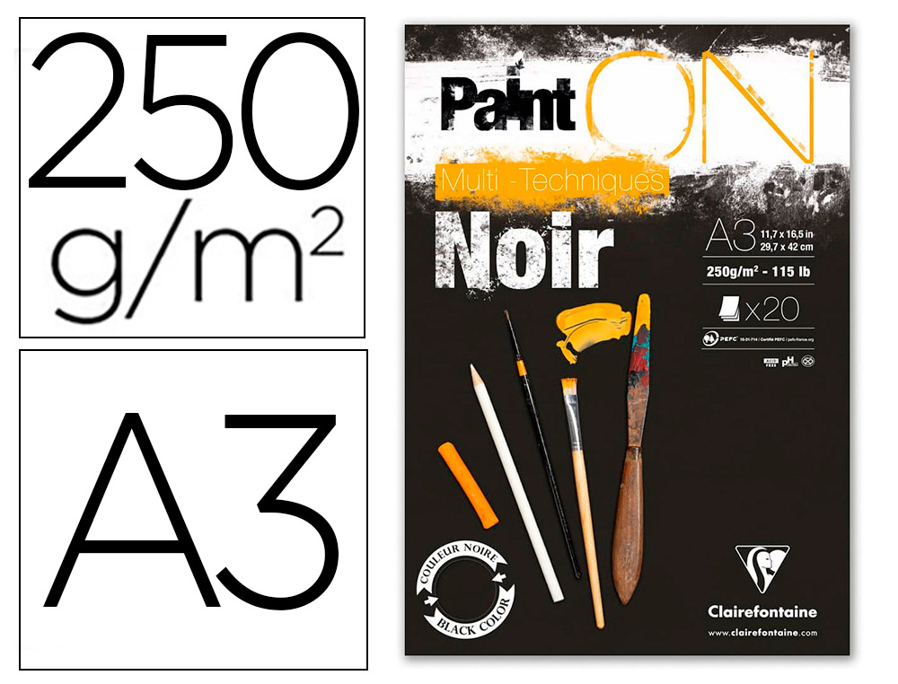 BLOC DE DESSIN ENCOLLE CLAIREFONTAINE PAINT'ON.      PAPIER MULTI TECHNIQUE 250G   NOIR. FORMAT A3 29,7 X 42CM