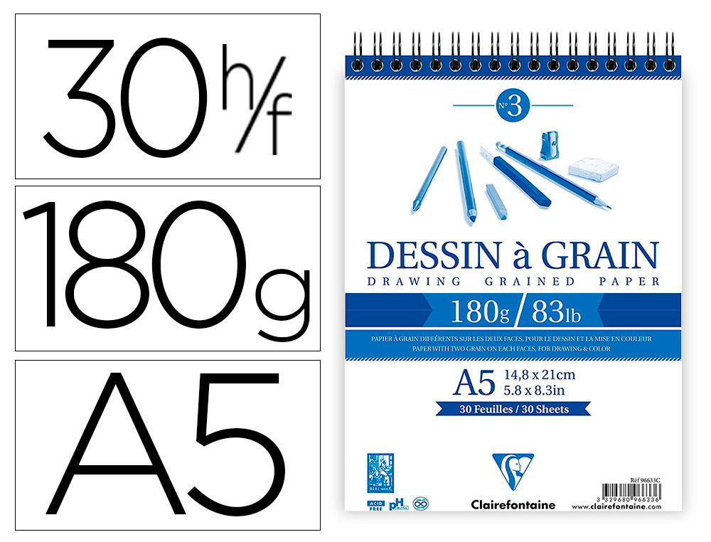 BLOC DESSIN   GRAIN CLAIREFONTAINE A5 SPIRALE     BLANC 14,8CMX21CM 180GR 30F