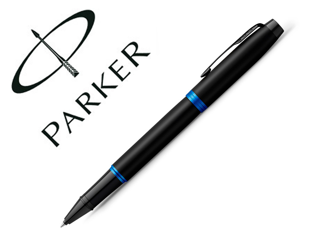 STYLO ROLLER PARKER IM VIBRANT RINGS NOIR LAQUE      DETAILS BLEU OCEAN POINTE     FINE ENCRE NOIR ETUI CADEAU