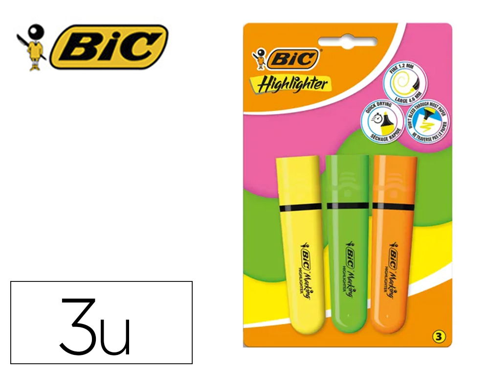 SURLIGNEUR BIC TANK MARKING HIGHLIGHTER SECHAGE RAPIDE    POINTE BISEAUTEE COLORIS      ASSORTIS SET 3 UNITES