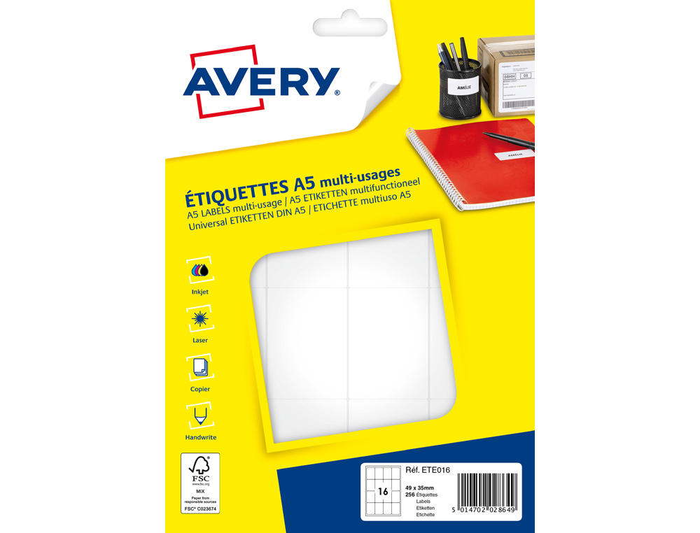 ETIQUETTE AVERY IMPRESSION LASER JET ENCRE ET COPIEUR    35X49MM COLORIS BLANC         POCHETTE 256 UNITES