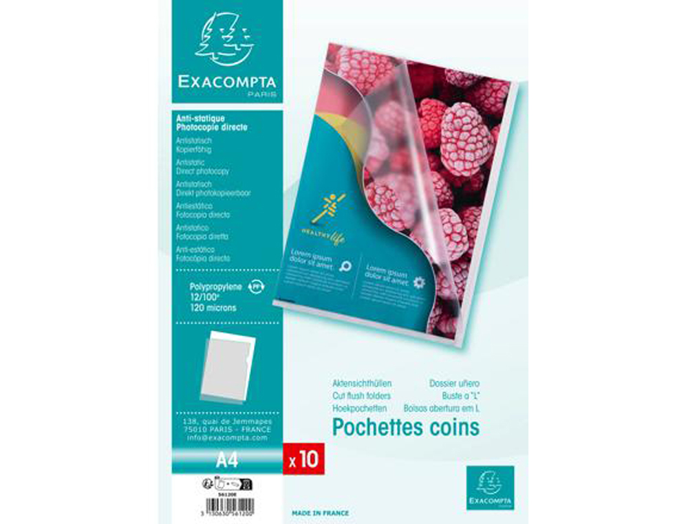 POCHETTE COIN EXACOMPTA A4 PP GRAINE 12/100EME 120 MICRONS  PAQUET 10 UNITES