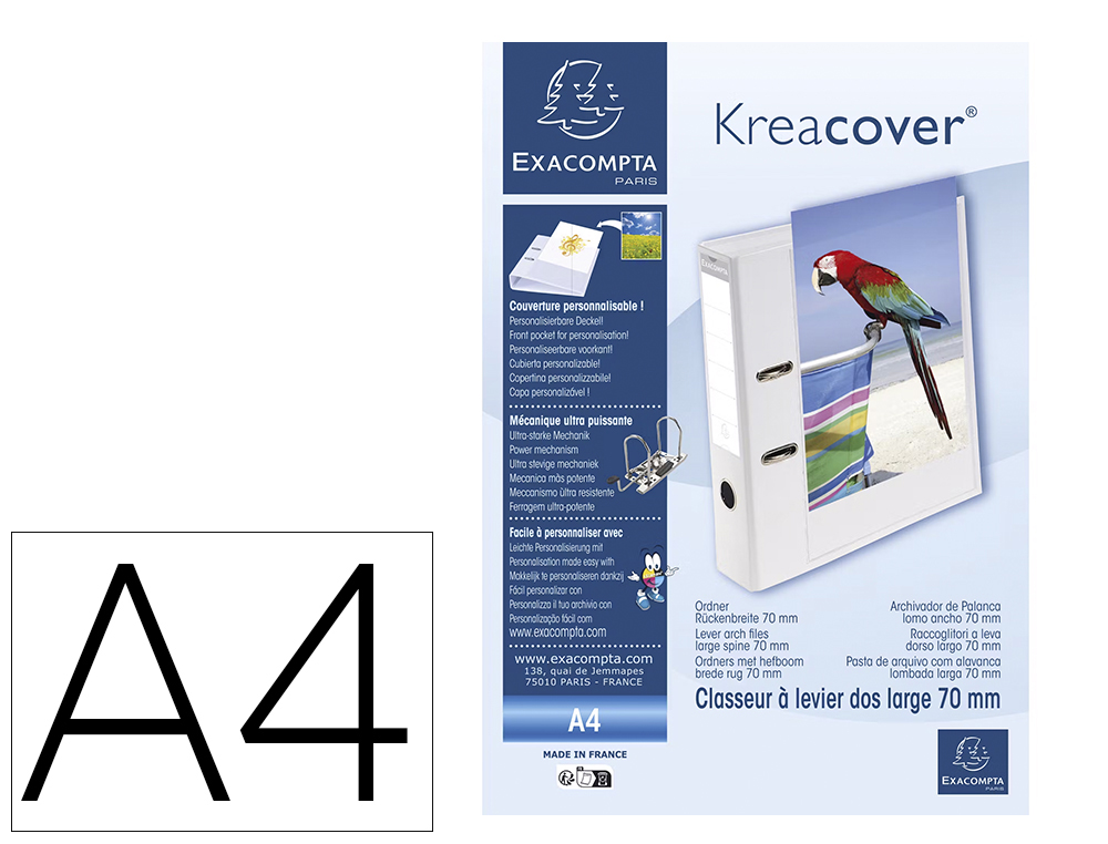 CLASSEUR A LEVIER KREACOVER EXACOMPTA PERSONNALISABLE A4  CAPACITE 550 FEUILLES 2       ANNEAUX DIM 32X29 CM DOS DE
