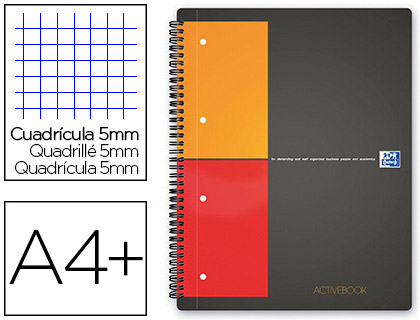 CAHIER OXFORD ACTIVE BOOK OPTIK PAPER COUVERTURE POLYPROPYLNE POCHETTE RANGEMENT A4+ 21X32CM 160 PAGES 5X5MM