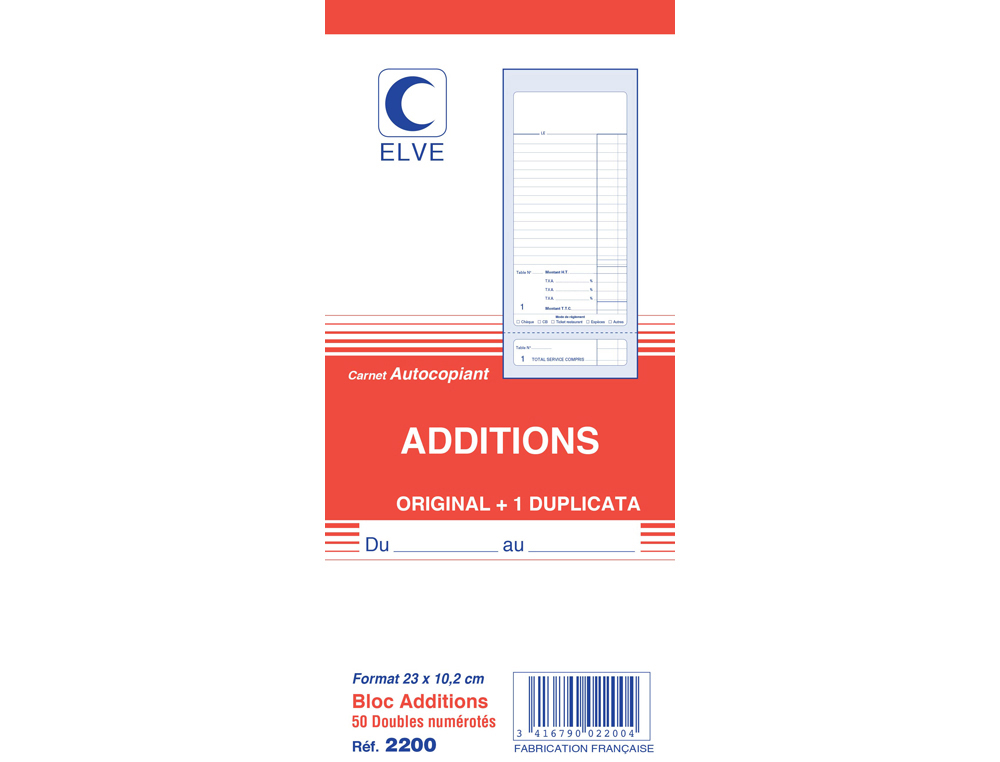 BLOC ADDITION ELVE PAPIER AUTOCOPIANT 102X235MM 50 DUPLIS AVEC NUMRO