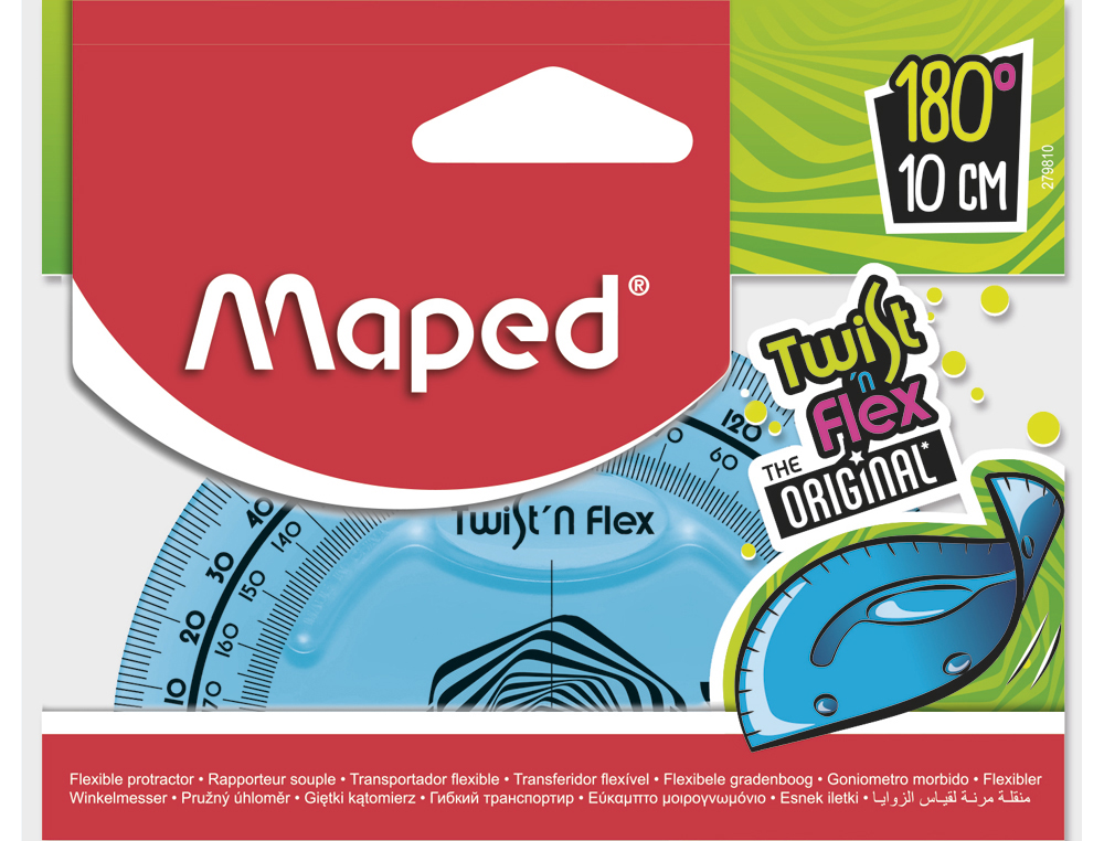 RAPPORTEUR MAPED TWIST'N'FLEX 180 DEGRS 10CM GRADU SOUPLE INCASSABLE LUDIQUE 3 COLORIS ASSORTIS BLEU VERT ROSE