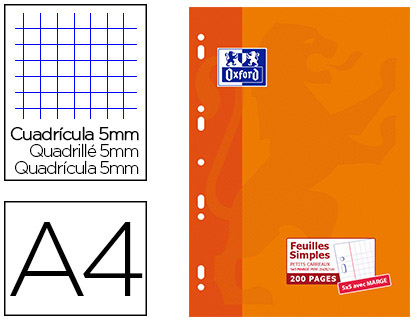 FEUILLET MOBILE OXFORD A4 210X 297MM PAPIER SATIN EXTRA BLANC 200 PAGES 90G 5X5MM PERFOR