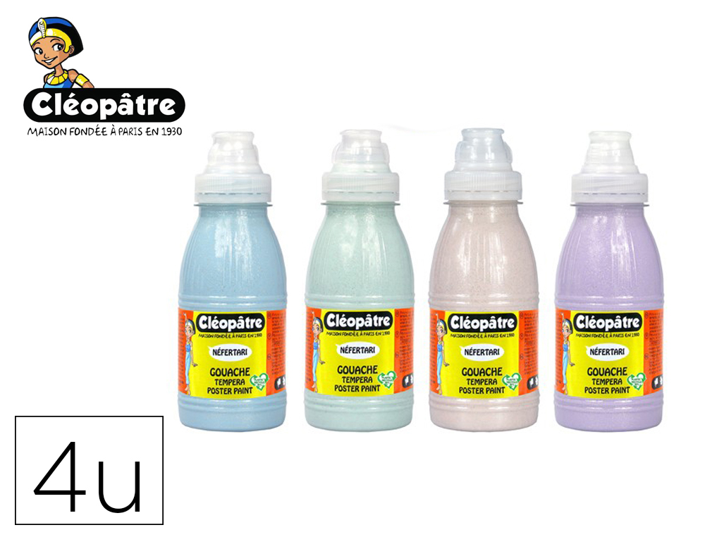 PEINTURE A L'EAU CLEOPATRE NEFERTARI PAILLETEE TOUS      SUPPORTS FLACON 250ML COLORIS PASTEL ASSORTIS LOT 4 UNITES