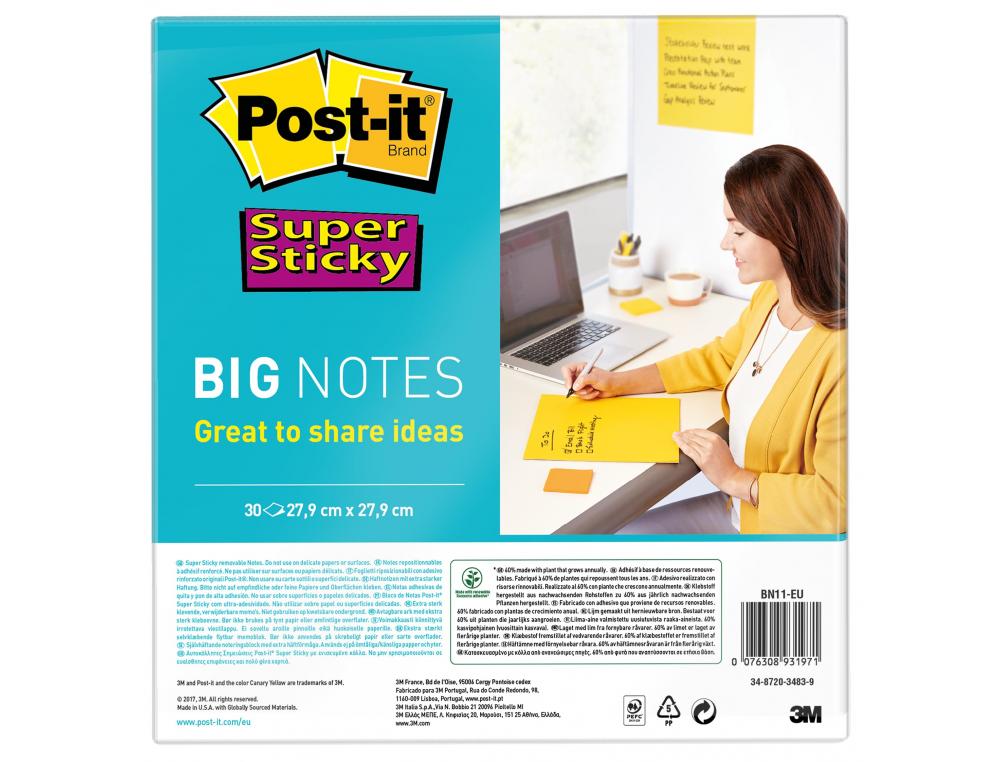 BIG NOTES POST-IT SUPER STICKY 279X279MM 30 FEUILLES  COULEUR JAUNE