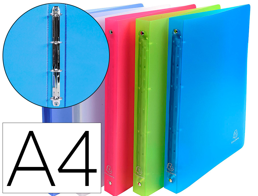 CLASSEUR 4 ANNEAUX EXACOMPTA CHROMALINE POLYPROPYLNE TRANSLUCIDE 7/10E A4 32X25CM DOS 3CM COLORIS ASSORTIS