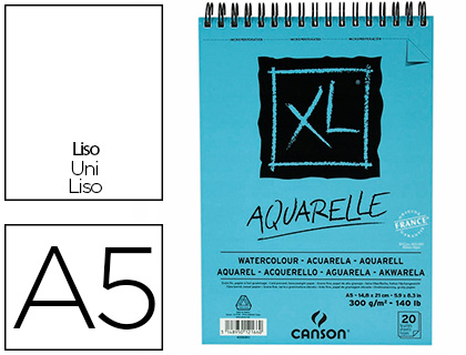 ALBUM CANSON XL AQUARELLE A SPIRALE PAPIER GRAIN FIN      BLANC 300G A5 14,8X21CM 20F