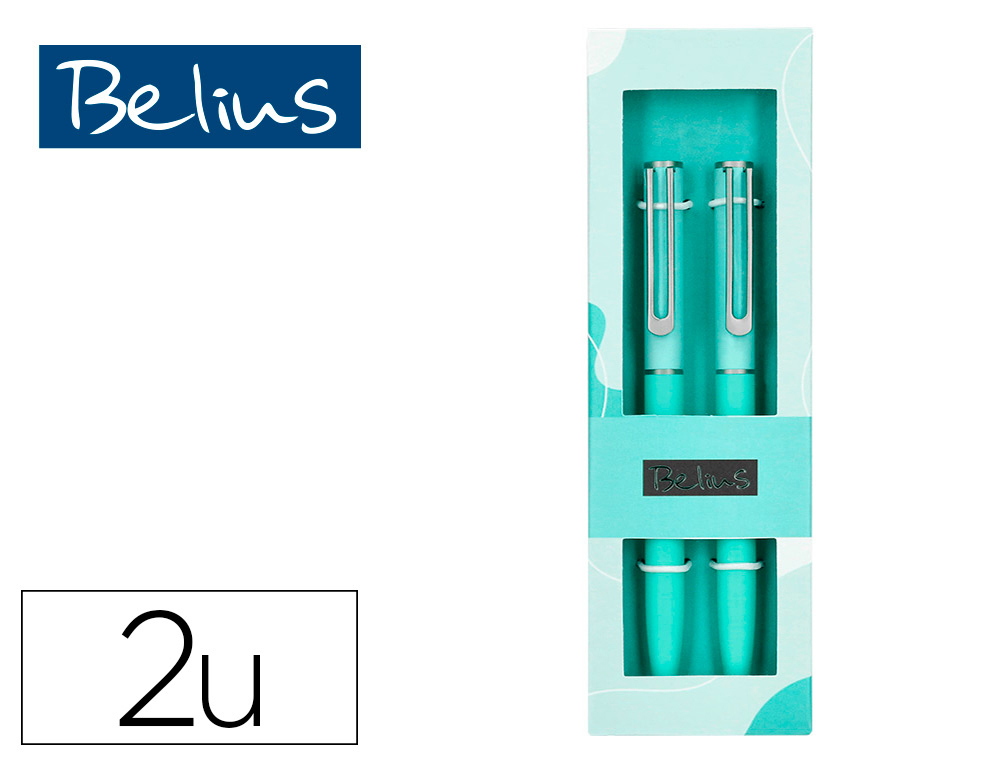STYLO-BILLE BELIUS BARI POINTE 1 MM ENCRE BLEU        COLORIS BLEU PASTEL BOITE     CADEAU DE 2 U