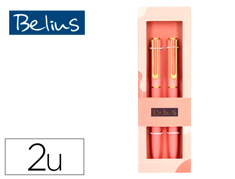 STYLO-BILLE BELIUS BARI POINTE 1 MM ENCRE BLEU        COLORIS ROSE PASTEL BOITE     CADEAU DE 2 U